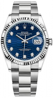 Buy this new Rolex Datejust 36mm Stainless Steel 126234 Bright Blue Fluted Diamond Oyster midsize watch for the discount price of £12,350.00. UK Retailer.